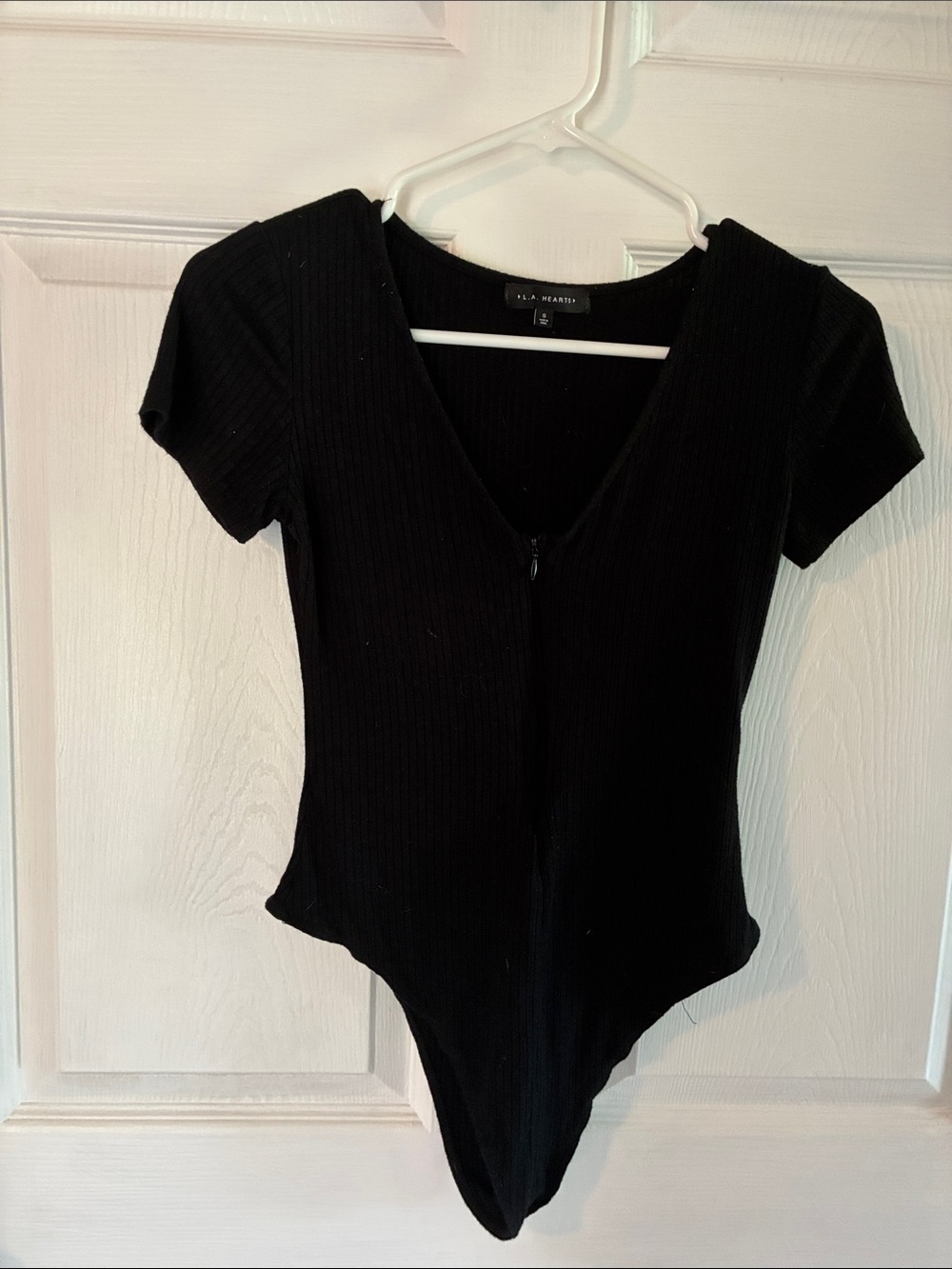 La Hearts Black Ribbed Short Sleeve V-Neck Zip Bodysuit